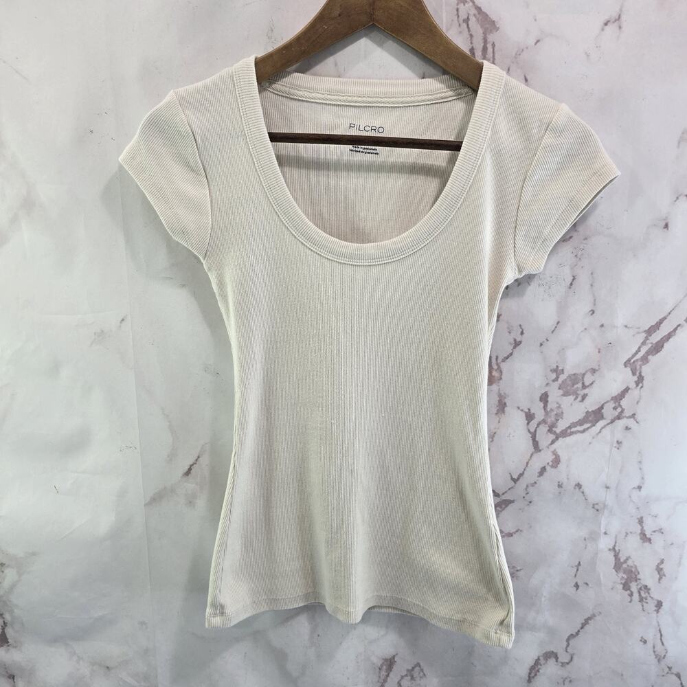 Anthropologie T Shirt Womens XS Off White Pilcro Tee Scoop Short Ribbed Rib